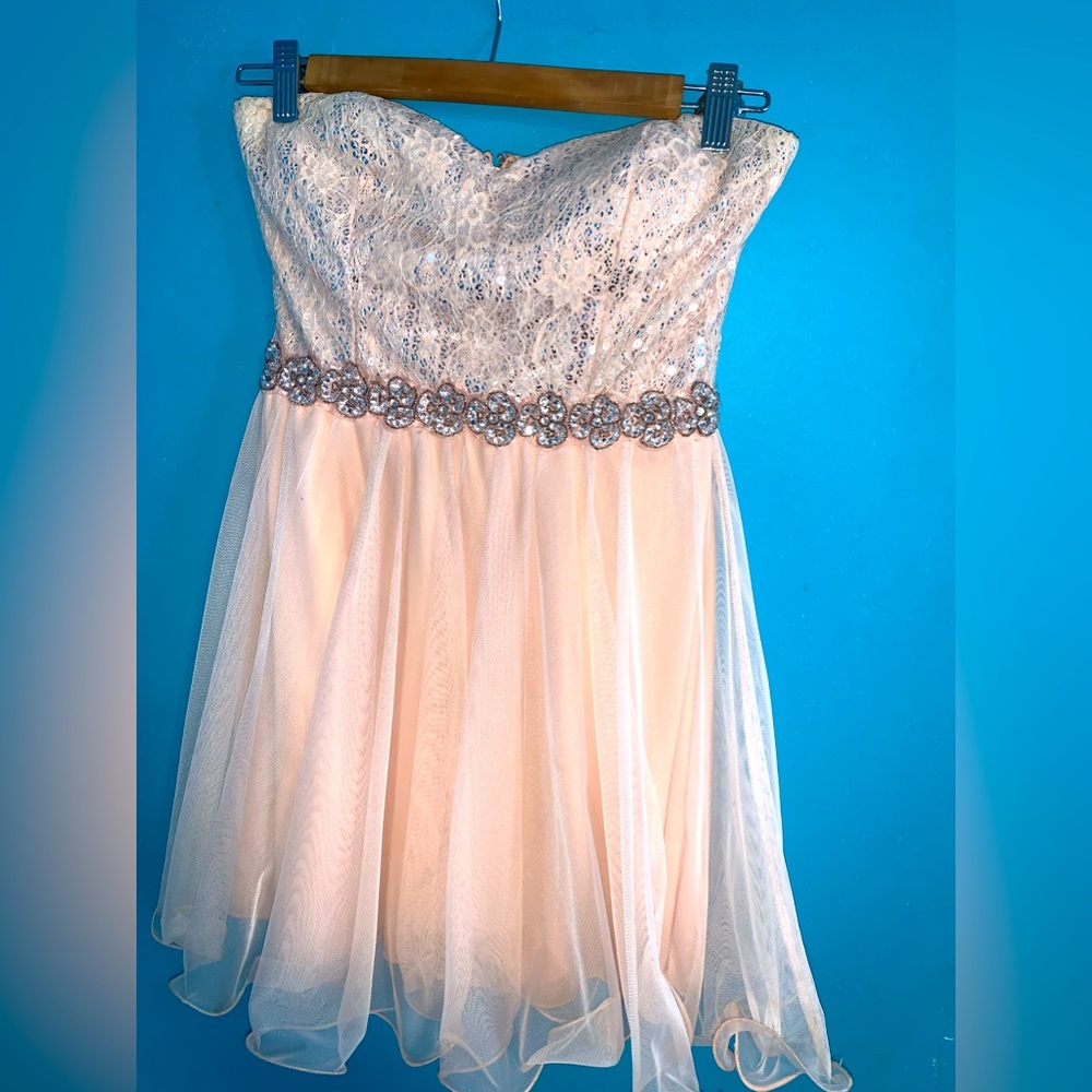 VINTAGE DEB PINK STRAPLESS SEQUIN STUDDED WAISTLINE DRESS